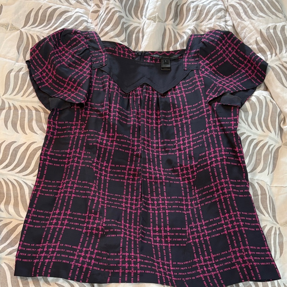 Marc by Marc Jacob’s navy and pink logo plaid blouse